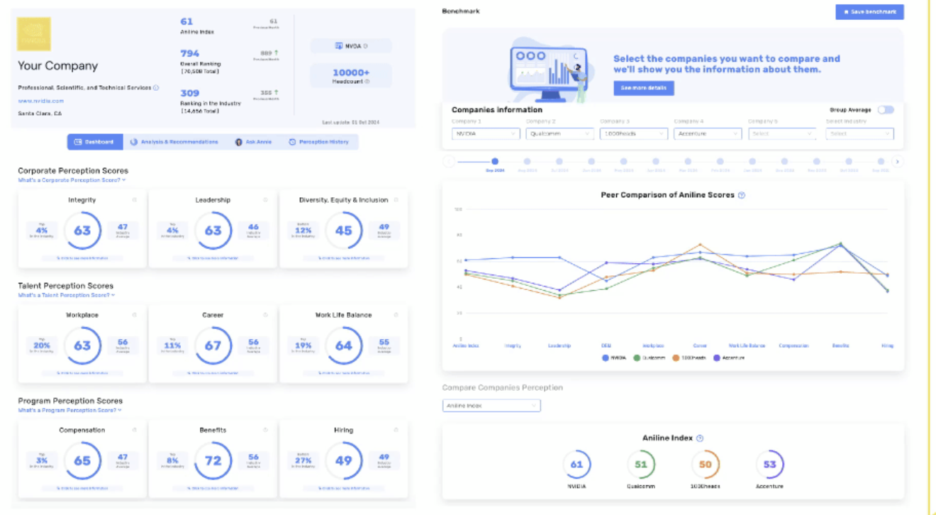 Aniline Executive Report Dashboard showing corporate perception scores, talent metrics, program perception scores, competitive analysis, and comprehensive organizational intelligence